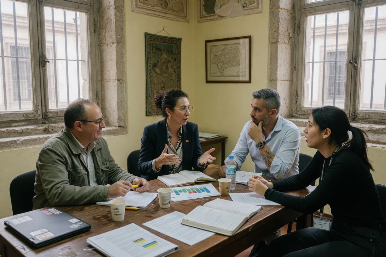 Equipo de trabajo reunido durante una sesión de fotografía corporativa